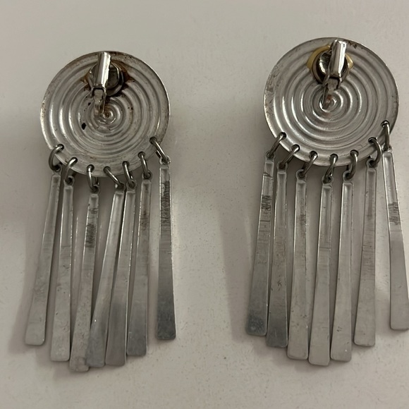 VINTAGE EARRINGS 70s clip long rhinestone moonstone tassel metal silver dangly - Picture 4 of 10